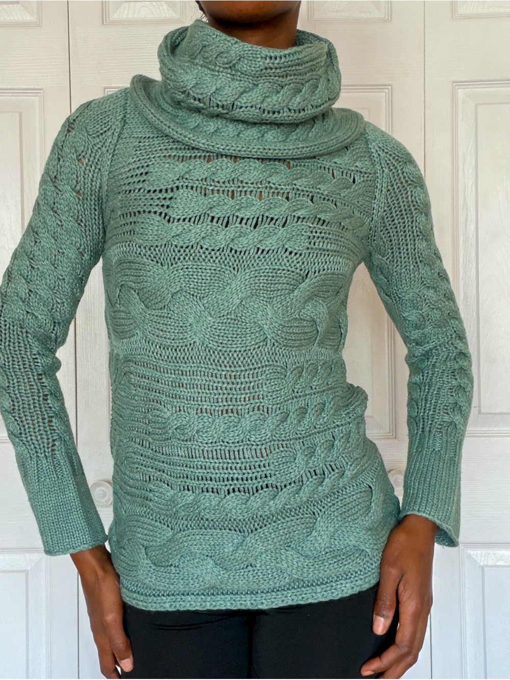 Banana Republic Sage Green Cable-Knit Cowl Turtleneck Sweater